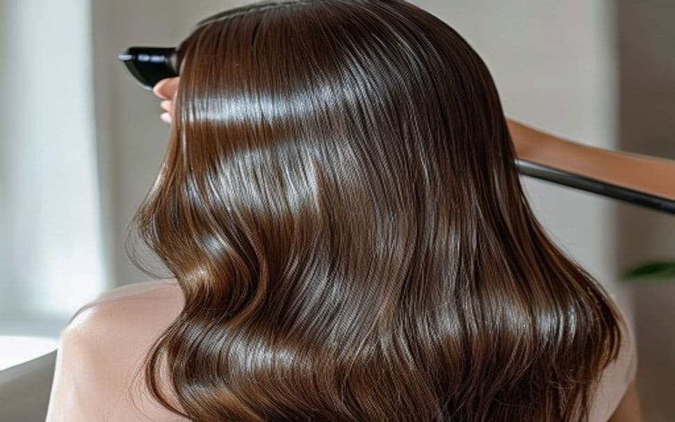 Mulher com cabelo fino e liso sendo trabalhado por profissional em salão, com foco em volume e corpo nos fios