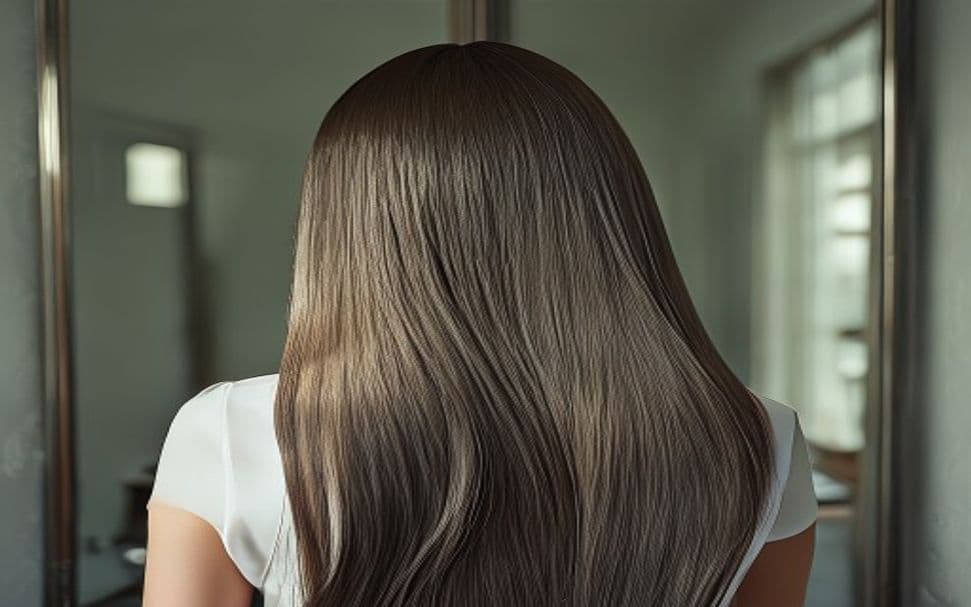 Mulher com cabelo liso brilhante e hidratado após tratamento capilar em salão