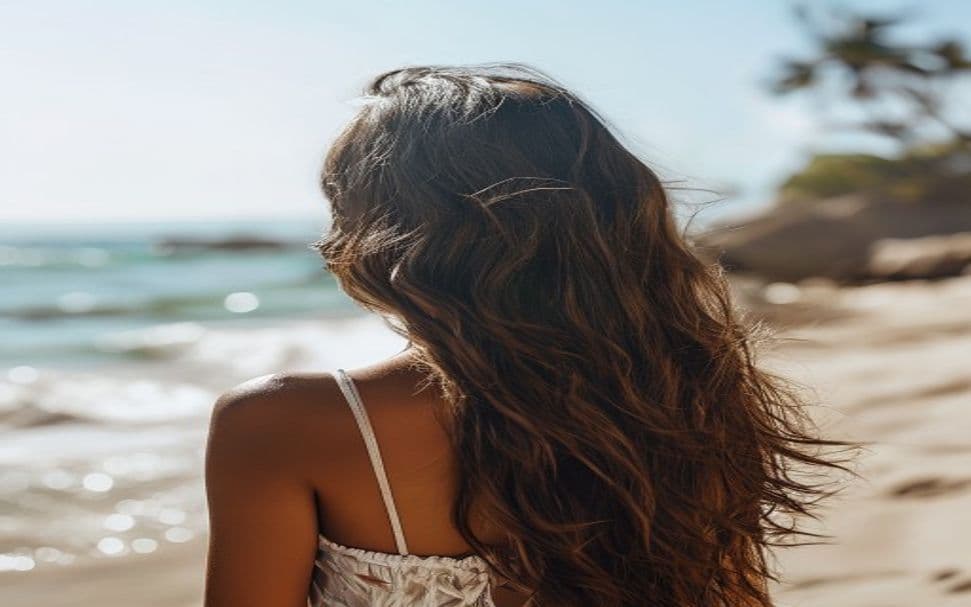 Mulher com cabelo loiro saudável na praia, com água do mar ao fundo, mostrando fios brilhantes sem amarelamento