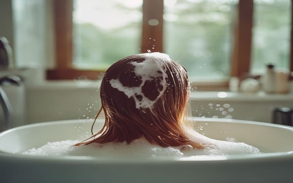 Mulher com cabelo oleoso na raiz sendo avaliado por profissional em salão de cabeleireiro