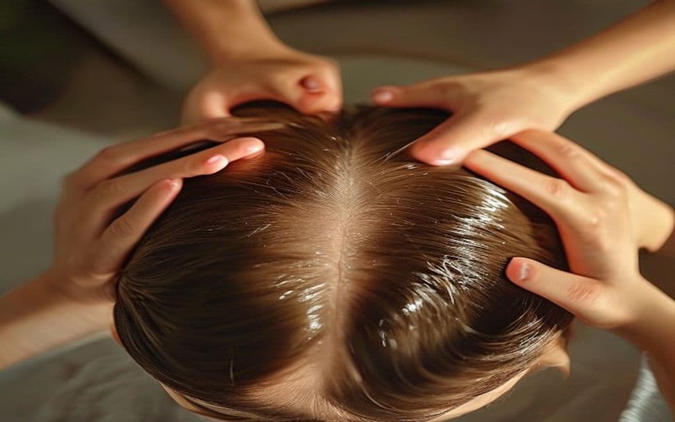 Mulher coçando o couro cabeludo com expressão de desconforto, fundo neutro