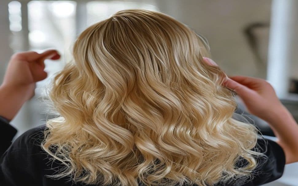 Cabelo feminino iluminado, com mechas naturais cobrindo fios brancos, penteado em salão profissional