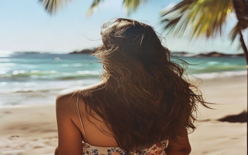 Mulher com cabelo saudável e hidratado à beira-mar na Ilha de Itaparica durante o verão