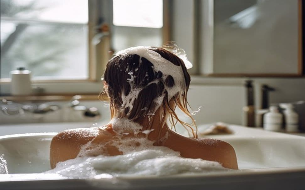 Prateleira com diversos shampoos e condicionadores coloridos em um salão de beleza