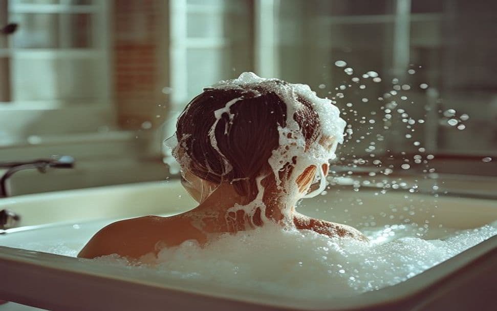 Mão segurando frasco de condicionador com rótulo visível, sobre bancada de salão
