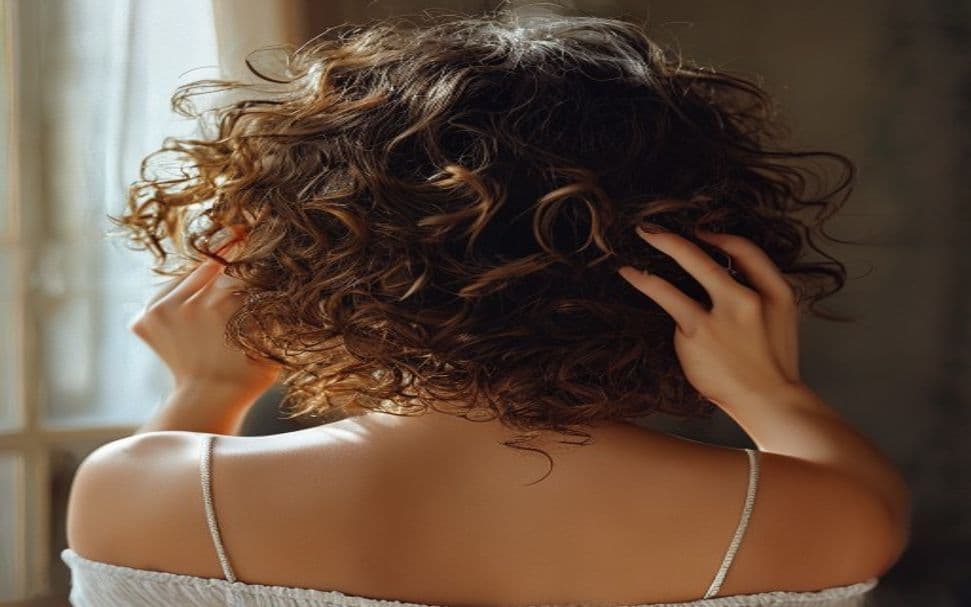 Mulher negra com cachos definidos e hidratados no segundo dia, em frente a espelho, sem lavagem