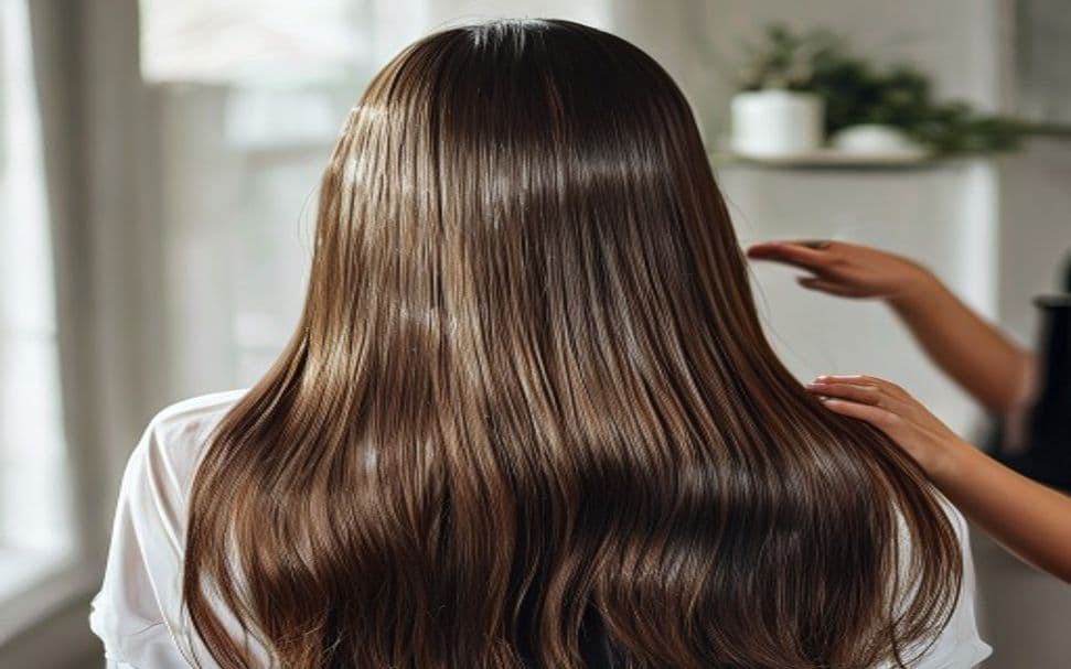 Mulher com cabelo cacheado saudável e definido, em salão de beleza, com produto capilar nas mãos
