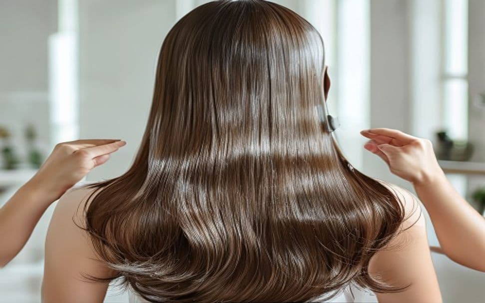 Mulher com cabelo loiro descolorido saudável e brilhante sendo tratado em salão de beleza