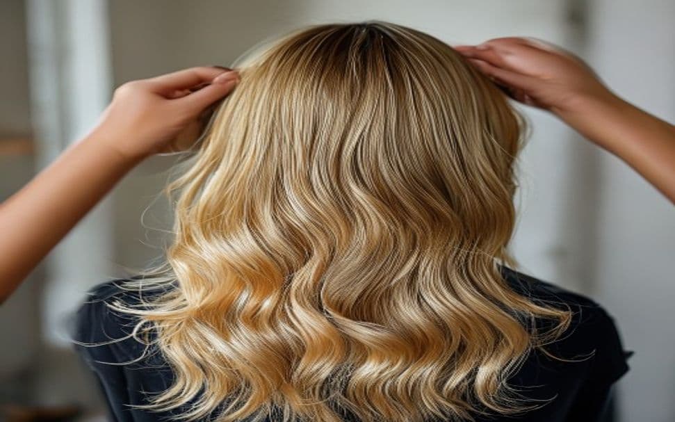 Profissional aplicando produto de decapagem em mechas de cabelo loiro em salão