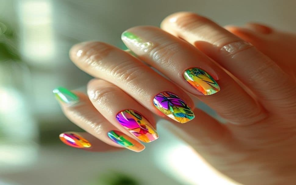 Mãos femininas com unhas esmaltadas em gel brilhante, tom rosé, sobre fundo claro de salão de beleza