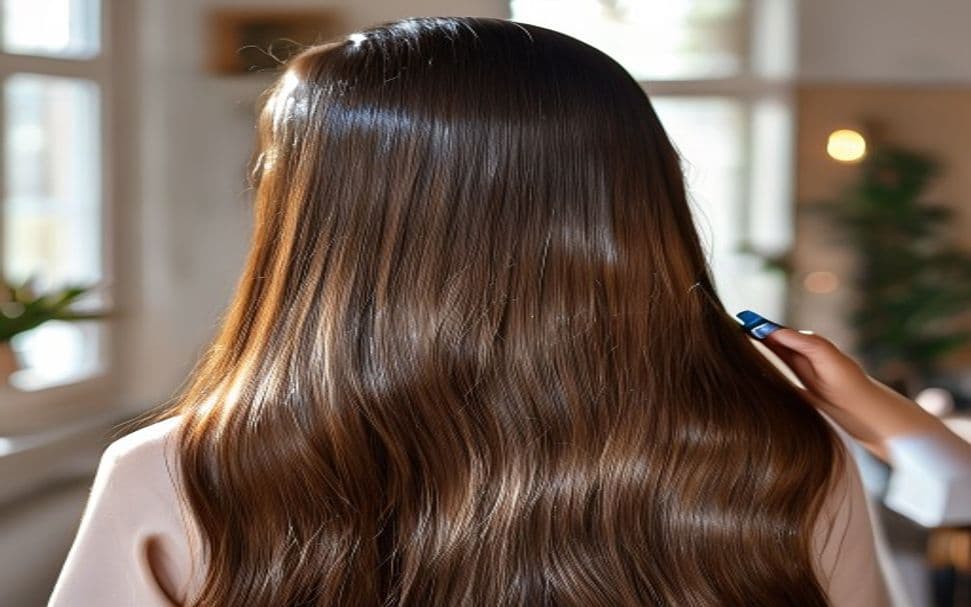 Fios de cabelo divididos em três seções representando hidratação, nutrição e reconstrução capilar
