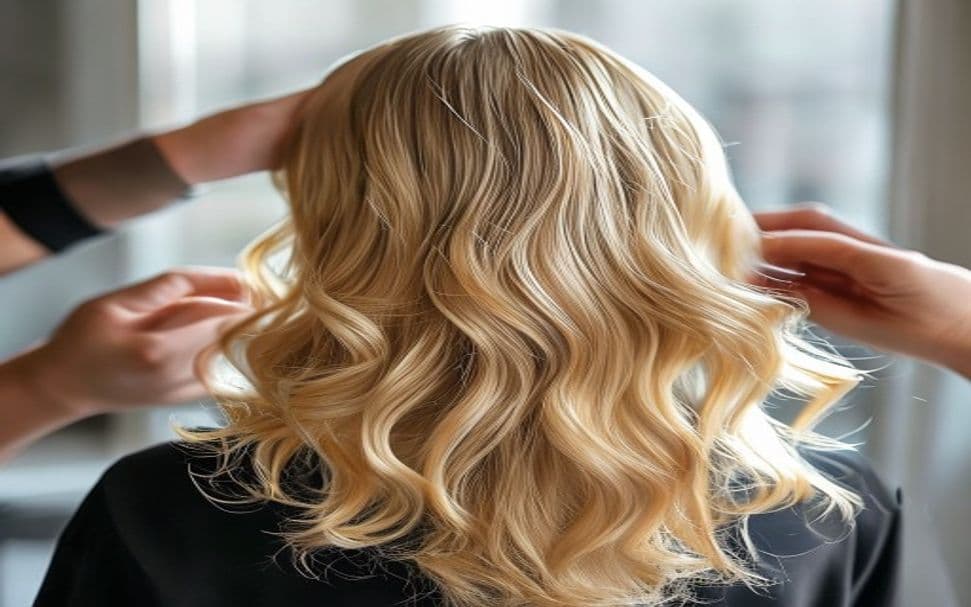 Profissional aplicando descoloração em cabelo escuro para transformação em loiro platinado
