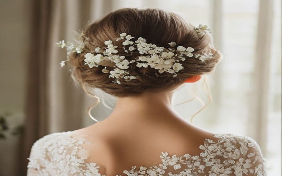 Mulher arrumando cabelo em coque simples diante do espelho, com luz natural de manhã