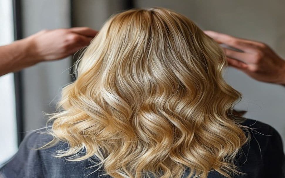 Mechas sendo aplicadas em cabelo longo tratado com química em salão