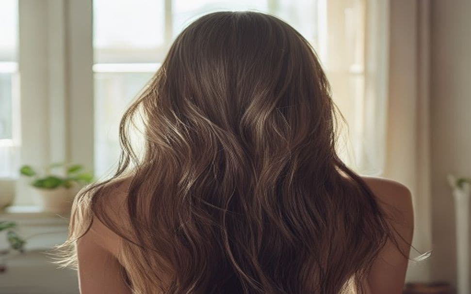 Mulher olhando para mechas de cabelo caídas na escova, expressão preocupada, espelho ao fundo