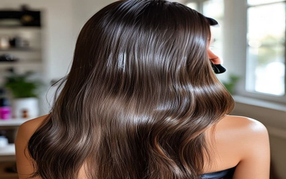 Aplicação de máscara de reconstrução capilar em cabelo loiro danificado, com textura visivelmente ressecada nas pontas