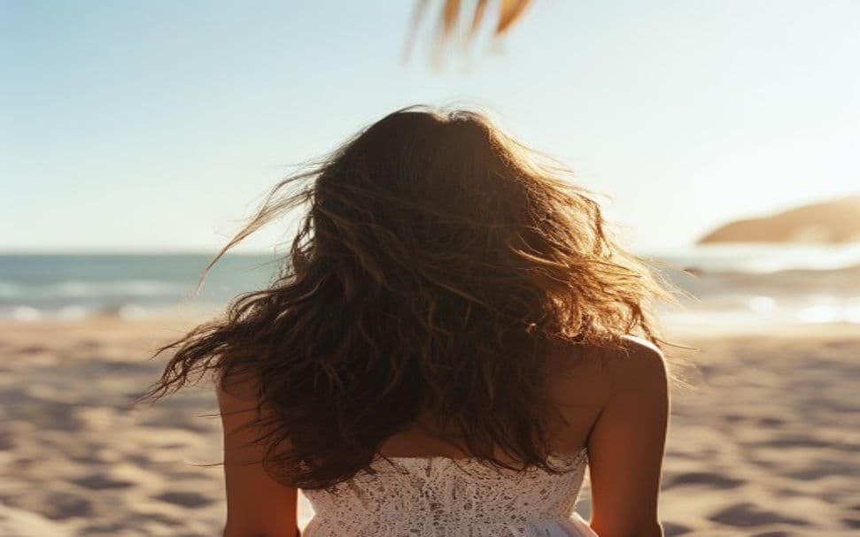 Mãos femininas com unhas decoradas em cores vibrantes do verão, sobre fundo de areia clara de praia