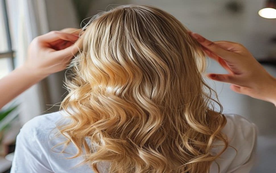 Mulher com cabelo loiro colorido brilhante ao ar livre, mostrando cor vibrante e fios saudáveis